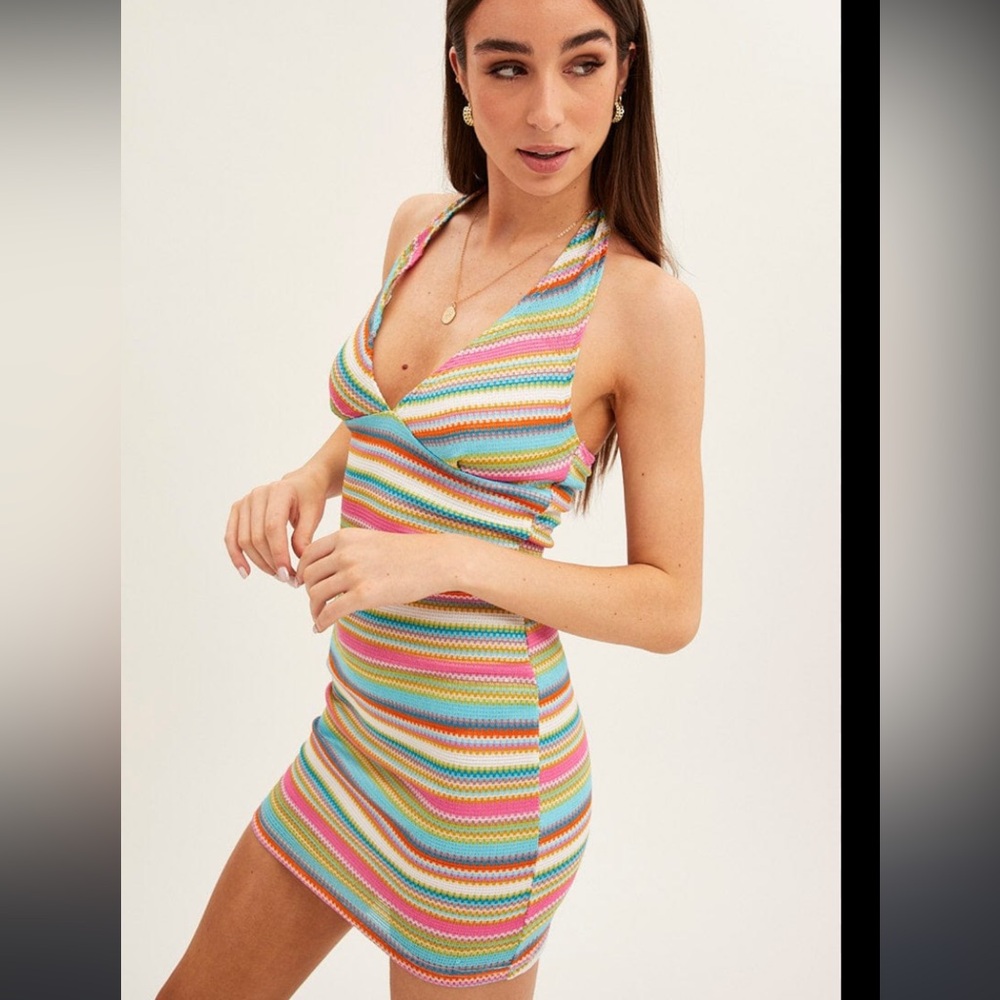 Crochet Halter Mini Dress, Tie Back, Size: S